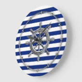 Grande Horloge Ronde Roue Chrome Argent sur les bandes Nautiques (Angle)