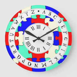 Grande Horloge Ronde Rouge, bleu et blanc, scie et alphabet anglais