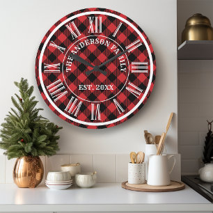 Grande Horloge Ronde Rouge Et Noir Buffle Carreaux Campagnard Chiffre R