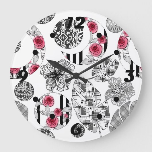 Grande Horloge Ronde Rouge et Noir, Patchwork, Patchwork, Rustique, Mod (Recto)