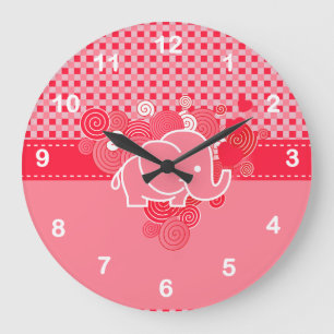 Grande Horloge Ronde Rouge et rose avec un bébé éléphant