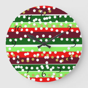 Grande Horloge Ronde Rouge et Vert Rayures pois de Noël