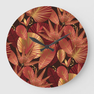 Grande Horloge Ronde Rouge or, Motif tropical géométrique.