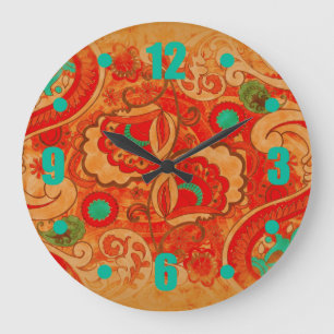 Grande Horloge Ronde Rouge orange brûlé génial Paisley vintage