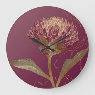 Grande Horloge Ronde Rouge Profond Or Botanique Fleurs Ligne de travail