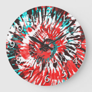 Grande Horloge Ronde Rouge Sarcelle Noir Blanc & Gris Tie Dye