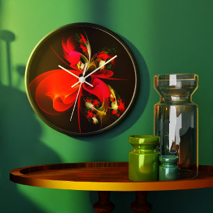 Grande Horloge Ronde Rouge Vert Floral Moderne Art Abstrait Motif #02