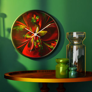 Grande Horloge Ronde Rouge vert moderne Floral Abstrait Art Motif #05