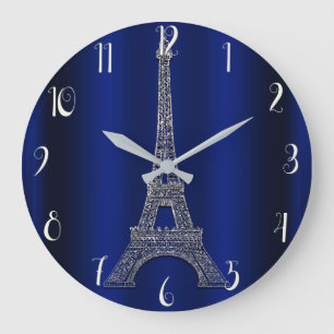 Grande Horloge Ronde Royal Blue & Silver Tour Eiffel Paris Modern Glam