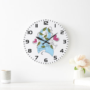 Grande Horloge Ronde Ruban de sensibilisation bleu clair, soutien et es