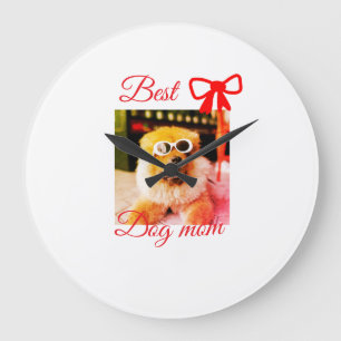 Grande Horloge Ronde Ruban rouge meilleure maman chien papa photo nom c