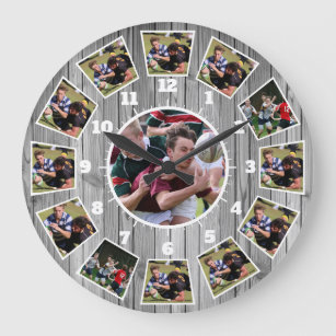 Grande Horloge Ronde Rugby Wooden Effect Personalise Photo Collage