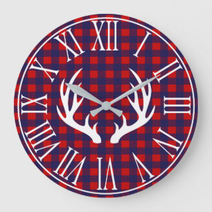 Grande Horloge Ronde Russe Marine Buffalo Check Plaid & Deer Antlers