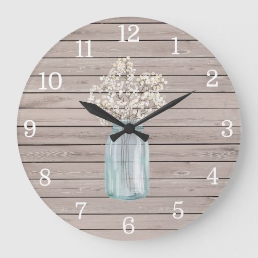 Grande Horloge Ronde Rustic Baby Breath Mason Jar Clock (Recto)