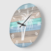 Grande Horloge Ronde Rustic Beach Bois Nautique et rayures Palmiers (Angle)