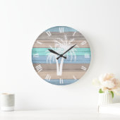 Grande Horloge Ronde Rustic Beach Bois Nautique et rayures Palmiers (Maison)