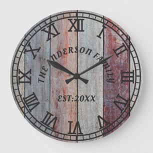 Grande Horloge Ronde Rustic Brown Wood Nom de famille personnalisé