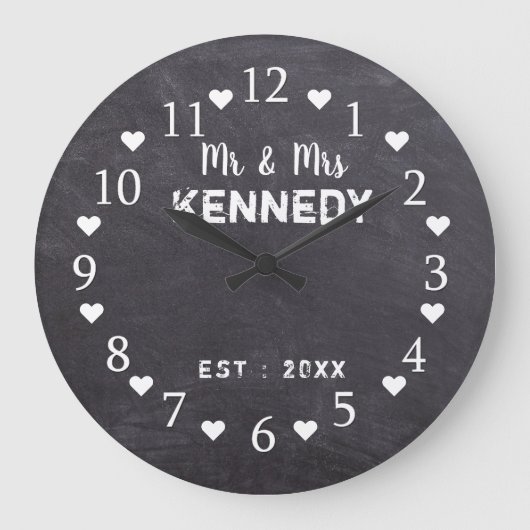 Grande Horloge Ronde Rustic Chalkboard M. et Mme Wedding (Recto)