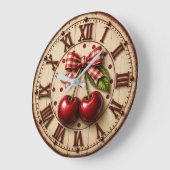 Grande Horloge Ronde Rustic Cherry Gingham Bow Farmhouse Kitchen (Angle)