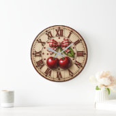 Grande Horloge Ronde Rustic Cherry Gingham Bow Farmhouse Kitchen (Maison)