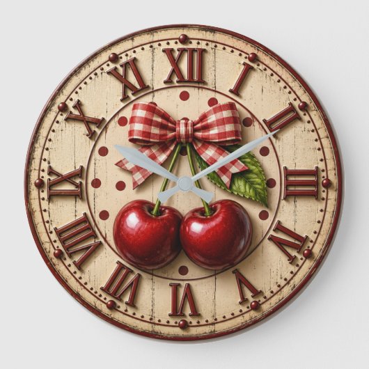 Grande Horloge Ronde Rustic Cherry Gingham Bow Farmhouse Kitchen (Recto)