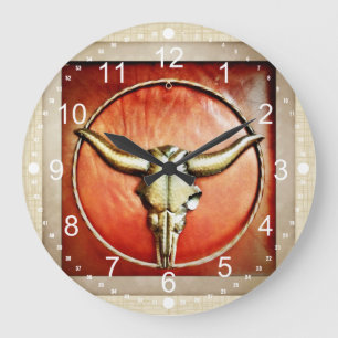 Grande Horloge Ronde Rustic Country Bull Horns Faux Leather Design