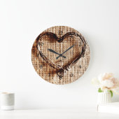 Grande Horloge Ronde Rustic Country Twine Heart on Burlap Imprimer (Maison)