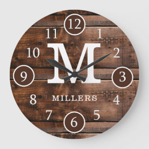 Grande Horloge Ronde Rustic Dark Bois Brown Nom de famille Monogramme
