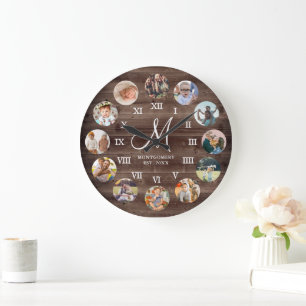 Grande Horloge Ronde Rustic Farmhouse Famille Photo Collage Monogramme