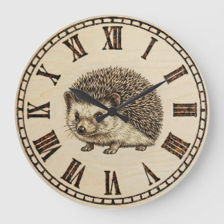 Grande Horloge Ronde Rustic Hedgehog Wall Clock – Woodland Wooden Style