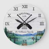Grande Horloge Ronde Rustic Lake House Thème | Nom de famille (Recto)