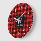 Grande Horloge Ronde Rustic Modern Red Buffalo Plaid Checkered Monogram (Angle)