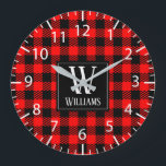 Grande Horloge Ronde Rustic Modern Red Buffalo Plaid Checkered Monogram<br><div class="desc">Modern rustic bright red and black checked buffalo plaid wall clock with customizable family monogram and name,  would work great for a rustic farmhouse style home,  cabin,  or for the holiday season decor/or a personalized vend.</div>