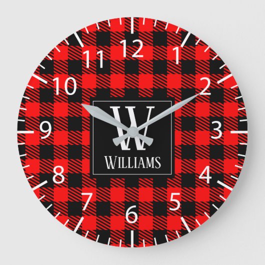 Grande Horloge Ronde Rustic Modern Red Buffalo Plaid Checkered Monogram (Recto)