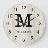 Grande Horloge Ronde Rustic Natural Light Wood Family Name Monogrammed (Recto)