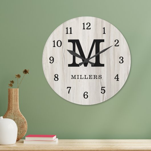 Grande Horloge Ronde Rustic Natural Light Wood Family Name Monogrammed