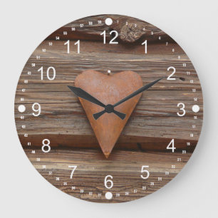 Grande Horloge Ronde Rustic Old Heart on Log Cabin Wood
