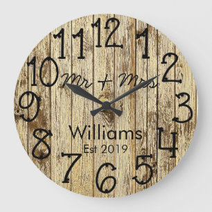 Grande Horloge Ronde Rustic Personalized Brown Wood Custom