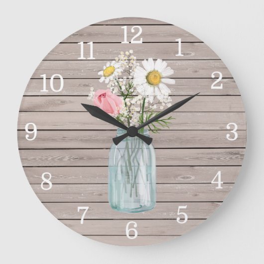 Grande Horloge Ronde Rustic Rose et Daisies Mason Jar Clock (Recto)