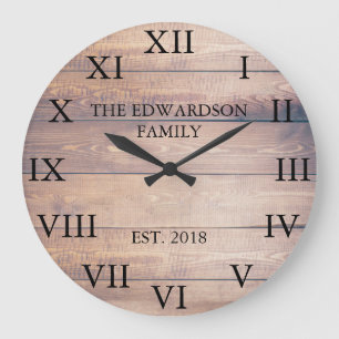 Grande Horloge Ronde Rustic vintage wood Roman numbers family name