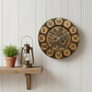 Grande Horloge Ronde Rustic Wild Rose Wall Clock | Wood-Look Farmhouse