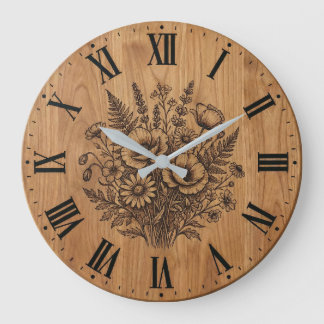 Grande Horloge Ronde Rustic Wildflower Bouquet Wall Clock 