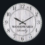 Grande Horloge Ronde Rustic Wood Nom de famille personnalisé<br><div class="desc">Une grange moderne rustique blanc lavé à la grange en bois monogrammed nom de famille horloge murale. Idéal pour votre maison ou cabine de style rustique ou agricole.</div>
