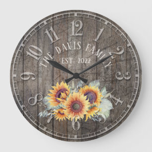 Grande Horloge Ronde Rustic Wood Sunflowers Custom Family Name Clock