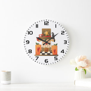 Grande Horloge Ronde Rustique automne Scarecrow avec Citrouilles et Cor