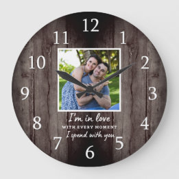 Grande Horloge Ronde Rustique Mariage en bois foncé Anniversaire Amour 