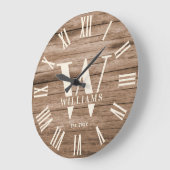 Grande Horloge Ronde Rustique Monogramme Farmhouse Custom Nom de famill (Angle)