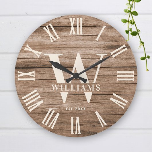 Grande Horloge Ronde Rustique Monogramme Farmhouse Custom Nom de famill