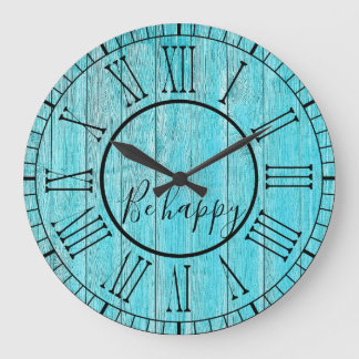 Grande Horloge Ronde Rustique Turquoise Bleu Bois Soyez heureux Citatio