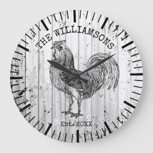 Grande Horloge Ronde Rustique Vintage Bois Nom de Famille Ferme Coq